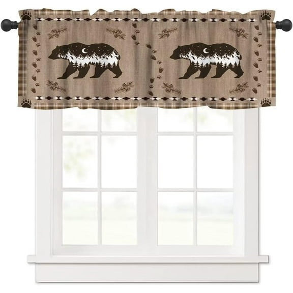Vintage Bear Window Valance Curtain, Retro Wild Animal Cabin Country Lodge Camping Rustic Abstract Geometric Window Treatment Valances for Kitchen Living Room Café Décor 54''x18'', 1 Panel