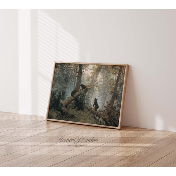 Vintage Bears in Forest Print Bear with Cubs Woodland Pine Forest Nature Art, Stretched Canvas 8x10in