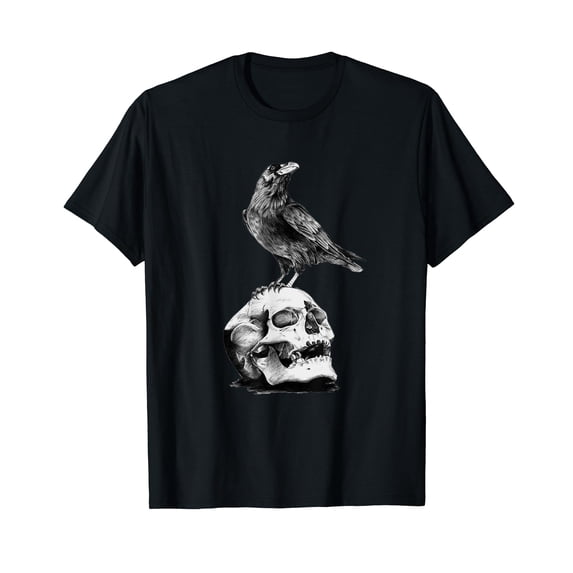 Vintage Beautiful Black Crow Raven Bird & skull T-Shirt
