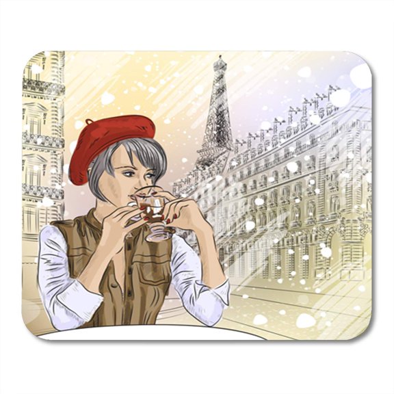 Vintage Beautiful Girl in The Street Cafe Paris Drinking Coffee Mousepad Mouse Pad Mouse Mat 9x10 inch