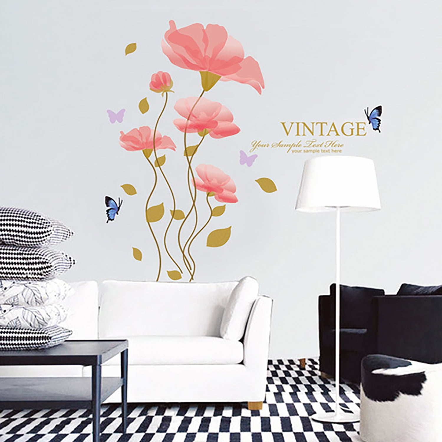 Vintage Beautiful Pink Flowers Wall Decal Sticker - DIY PVC Removable Transparent Film Self-Adhesive Mural Art Wall Decor for Living Room, Bedroom Kids Room Nursery TV Sofa Background