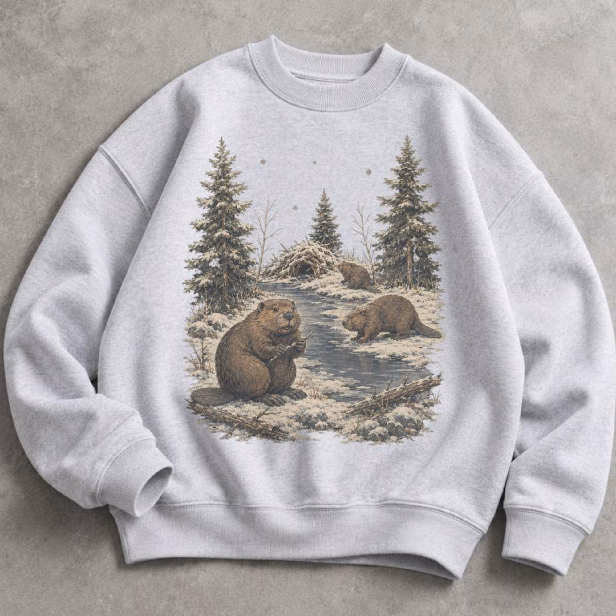 Vintage Beaver Sweatshirt for Women, Winter Woodland Wildlife Crewneck, Snowy Forest Nature Graphic, Outdoor Lover Gift, Sizes S-5XL