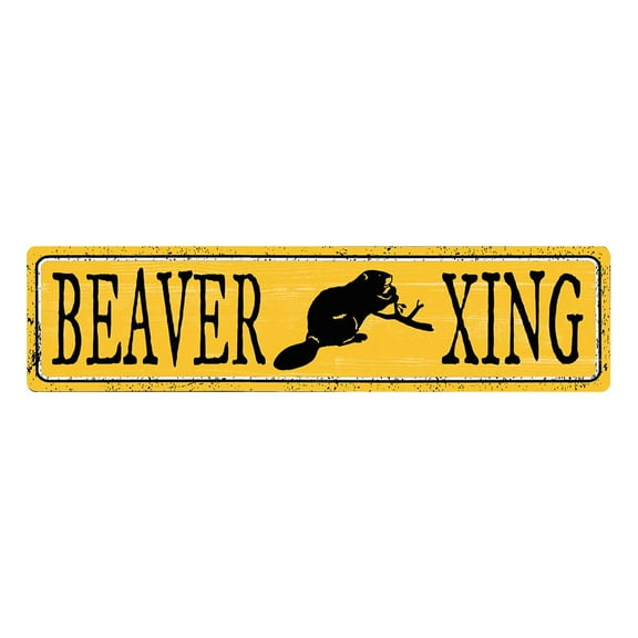 Vintage Beaver Xing Crossing Sign, Animal Beaver Crossing Metal Tin Sign Decor, Rustic Wall Decorations, Street Road Traffic Signs, Cabin, Man Cave or Garage Wall Art Size: 4 x 16 Inch