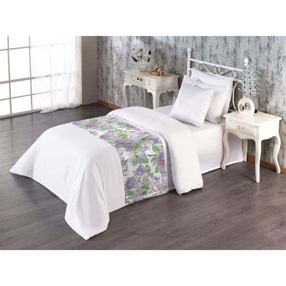 Vintage Bed Runner, Alstroemeria Flowers and Leaves Hand-Drawn Art on Plain Back, Decorative Accent Bedding Scarf for Hotels Homes & Guest Rooms, Twin, Peacock Green and Pale Purple, by Ambesonne