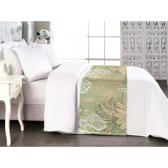 Vintage Bed Runner, Art Nouveau Inspired Nostalgic Outline Bold Flowers Pastel Colors, Decorative Accent Bedding Scarf for Hotels Homes & Guest Rooms, King, Pistachio Green and Peach, by Ambesonne