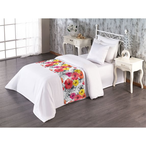 Vintage Bed Runner, Colorful Poppy Flowers Pattern Hand-Drawn Floral Art on Plain Back, Decorative Accent Bedding Scarf for Hotels Homes & Guest Rooms, Twin, Dark Coral and Earth Yellow, by Ambesonne