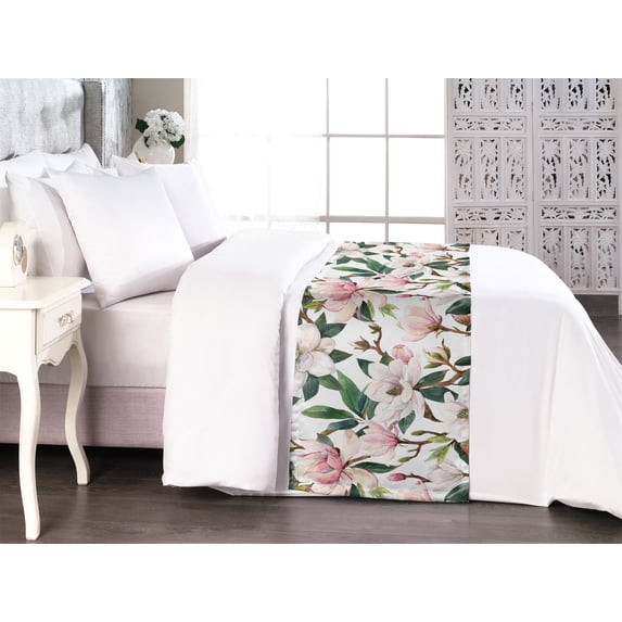 Vintage Bed Runner, Continuous Hand-Drawn Watercolor Magnolia Flowers on Plain Back, Decorative Accent Bedding Scarf for Hotels Homes & Guest Rooms, King, Hunter Green and Dried Rose, by Ambesonne