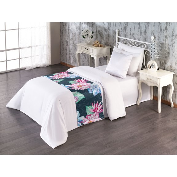 Vintage Bed Runner, Flowers with Leaves Pattern Botanical Hand-Drawn Watercolor Ornament, Decorative Accent Bedding Scarf for Hotels Homes & Guest Rooms, Twin, Pink Sea Green and Grey, by Ambesonne