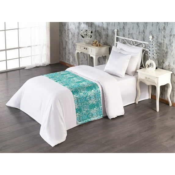 Vintage Bed Runner, Folk Pattern Swirling Leafy Branches and Flowers with Damask Boho Motif, Decorative Accent Bedding Scarf for Hotels Homes & Guest Rooms, Twin, Sky Blue Ivory Teal, by Ambesonne