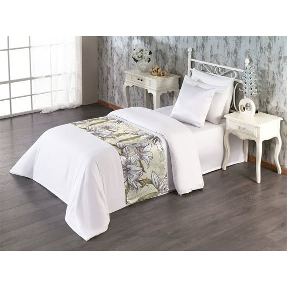 Vintage Bed Runner, Repeating Pattern of Lily Flowers and Leaves Spring Theme Illustration, Decorative Accent Bedding Scarf for Hotels Homes & Guest Rooms, Twin, Olive Green Pale Camel, by Ambesonne