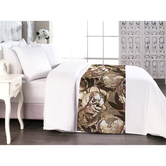 Vintage Bed Runner, Retro Style Print of Abstract Nostalgic Graphic Effect Peony Flowers, Decorative Accent Bedding Scarf for Hotels Homes & Guest Rooms, King, Pale Brown and Dark Cocoa, by Ambesonne