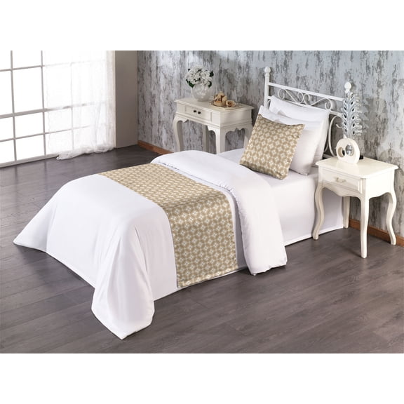 Vintage Bed Runner Set, Art Deco Inspired Circles and Flowers with Retro Feels and Soft Muted Tones, Decorative Bedding Scarf & a Pillow Sham for Hotels Homes, Twin, Pale Brown White, by Ambesonne