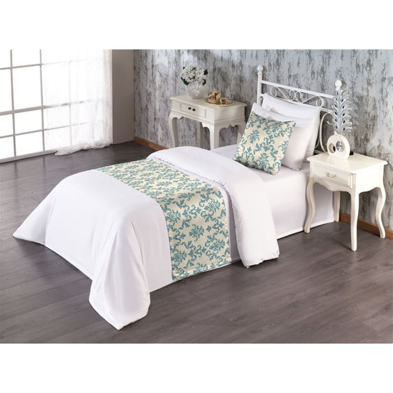 Vintage Bed Runner Set, Art Nouveau Style Flourishing Swirly Floral Rococo Ornament Repetitive Design, Decorative Bedding Scarf & a Pillow Sham for Hotels Homes, Twin, Cream Cadet Blue, by Ambesonne