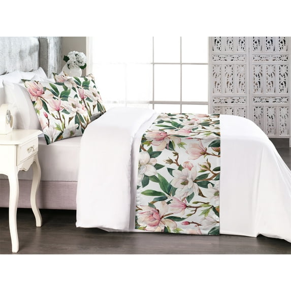 Vintage Bed Runner Set, Continuous Hand-Drawn Watercolor Magnolia Flowers on Plain Back, Decorative Bedding Scarf & 2 Pillow Shams for Hotels Homes, Queen, Hunter Green and Dried Rose, by Ambesonne