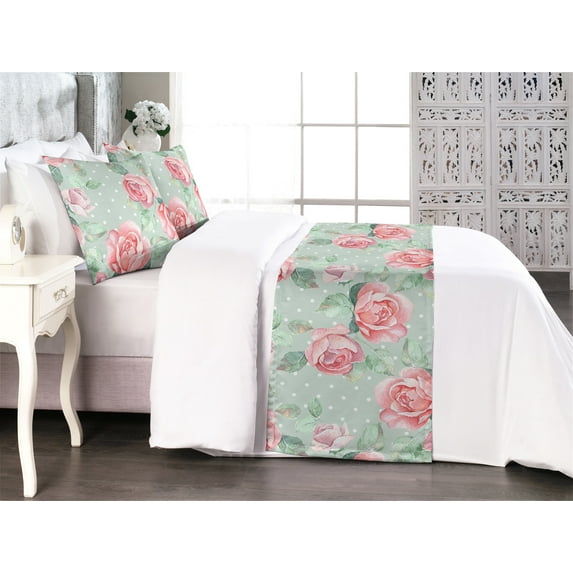 Vintage Bed Runner Set, English Garden Roses and Leaves Retro Themed Art on Polka Dots, Decorative Bedding Scarf & 2 Pillow Shams for Hotels Homes, King, Pale Almond Green and Pink, by Ambesonne