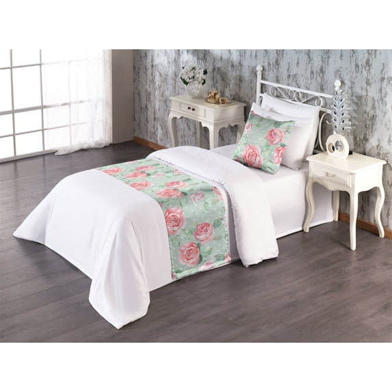 Vintage Bed Runner Set, English Garden Roses and Leaves Retro Themed Art on Polka Dots, Decorative Bedding Scarf & a Pillow Sham for Hotels Homes, Twin, Pale Almond Green and Pink, by Ambesonne