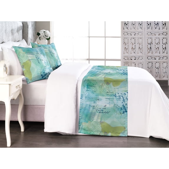 Vintage Bed Runner Set, Grunge Design Butterfly Silhouette with Music Notes and Cursive Words, Decorative Bedding Scarf & 2 Pillow Shams for Hotels Homes, Queen, Apple Green and Seafoam, by Ambesonne