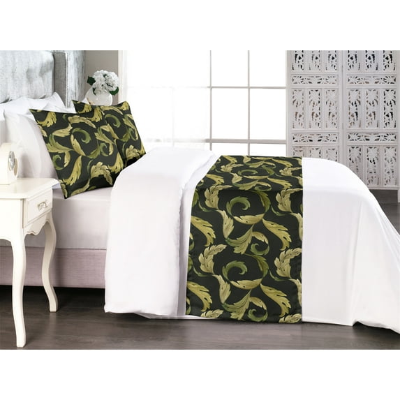 Vintage Bed Runner Set, Leaf Print Swirling Design Watercolor Painting Look Royal Style, Decorative Bedding Scarf & 2 Pillow Shams for Hotels Homes, King, Evergreen and Peacock Green, by Ambesonne