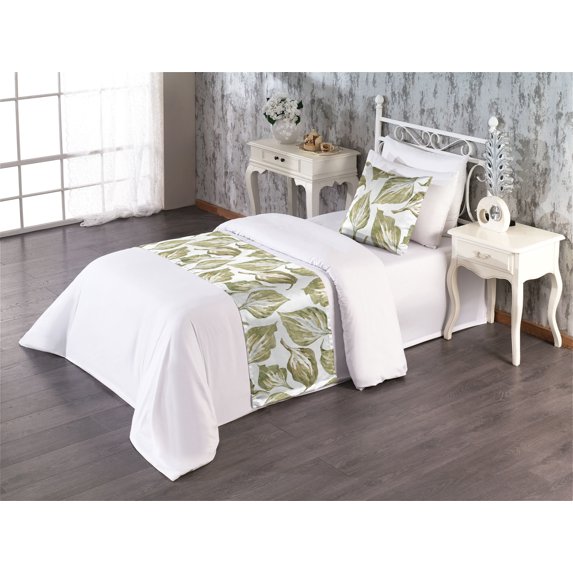 Vintage Bed Runner Set, Repetitive Watercolor Botanical Leaves Pattern on Plain Background, Decorative Bedding Scarf & a Pillow Sham for Hotels Homes, Twin, Khaki and Pale Olive Green, by Ambesonne