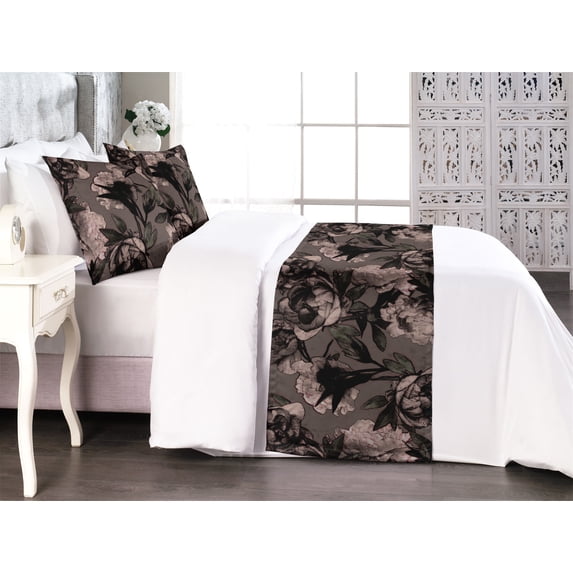 Vintage Bed Runner Set, Retro Effect Grunge Earthy Colored Watercolor Peony Flowers Floral Pattern, Decorative Bedding Scarf & 2 Pillow Shams for Hotels Homes, King, Umber Dark Brown, by Ambesonne