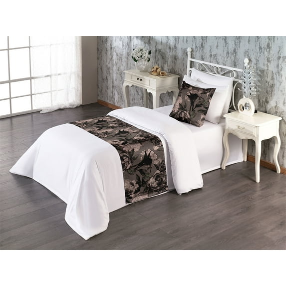 Vintage Bed Runner Set, Retro Effect Grunge Earthy Colored Watercolor Peony Flowers Floral Pattern, Decorative Bedding Scarf & a Pillow Sham for Hotels Homes, Twin, Umber Dark Brown, by Ambesonne