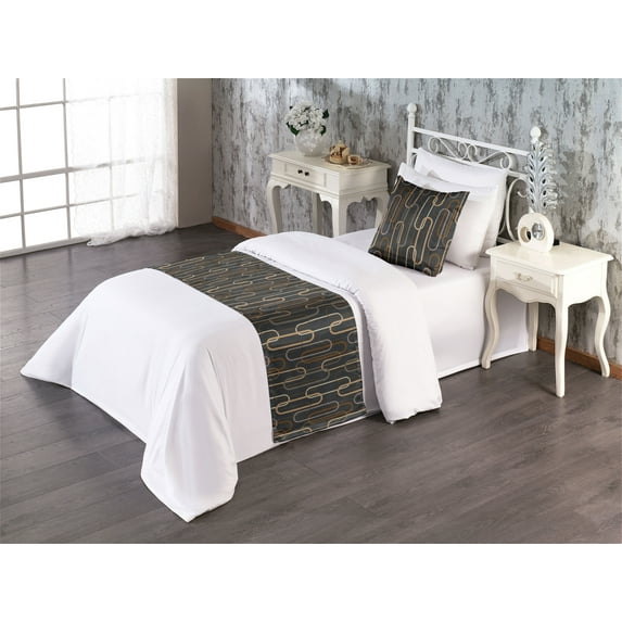 Vintage Bed Runner Set, Retro Oval Rectangular Shapes Continuous Loop Earthy Circular Pattern, Decorative Bedding Scarf & a Pillow Sham for Hotels Homes, Twin, Dark Grey and Sand Brown, by Ambesonne