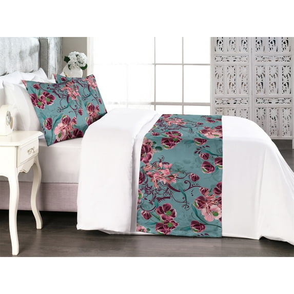 Vintage Bed Runner Set, Tropical Flowers and Leaves Pattern Nature Floral Theme Art Ornament, Decorative Bedding Scarf & 2 Pillow Shams for Hotels Homes, Queen, Olive Green Dark Coral, by Ambesonne