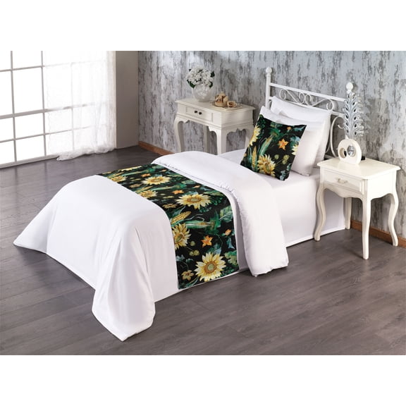 Vintage Bed Runner Set, Watercolor Style Sunflowers and Corns Floral Art on Monochrome Back, Decorative Bedding Scarf & a Pillow Sham for Hotels Homes, Twin, Earth Yellow Fern Green, by Ambesonne