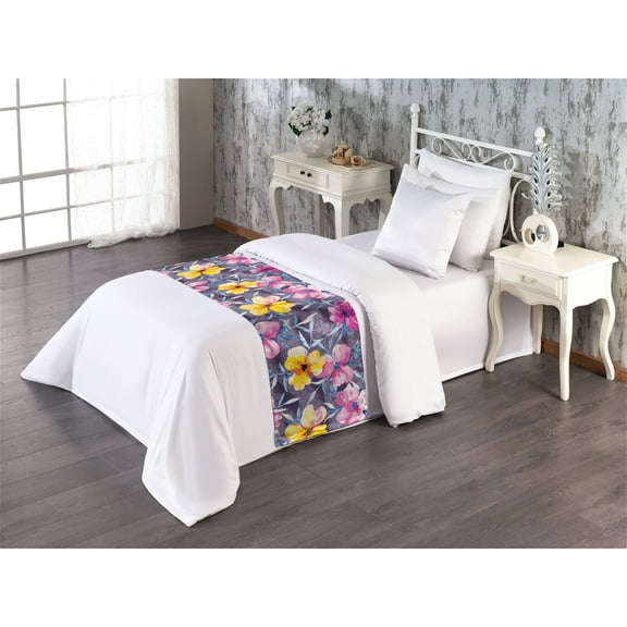 Vintage Bed Runner, Watercolor Style Colorful Flowers Pattern Leaves Fashion Ornament, Decorative Accent Bedding Scarf for Hotels Homes & Guest Rooms, Twin, Dark Coral and Soft Pink, by Ambesonne