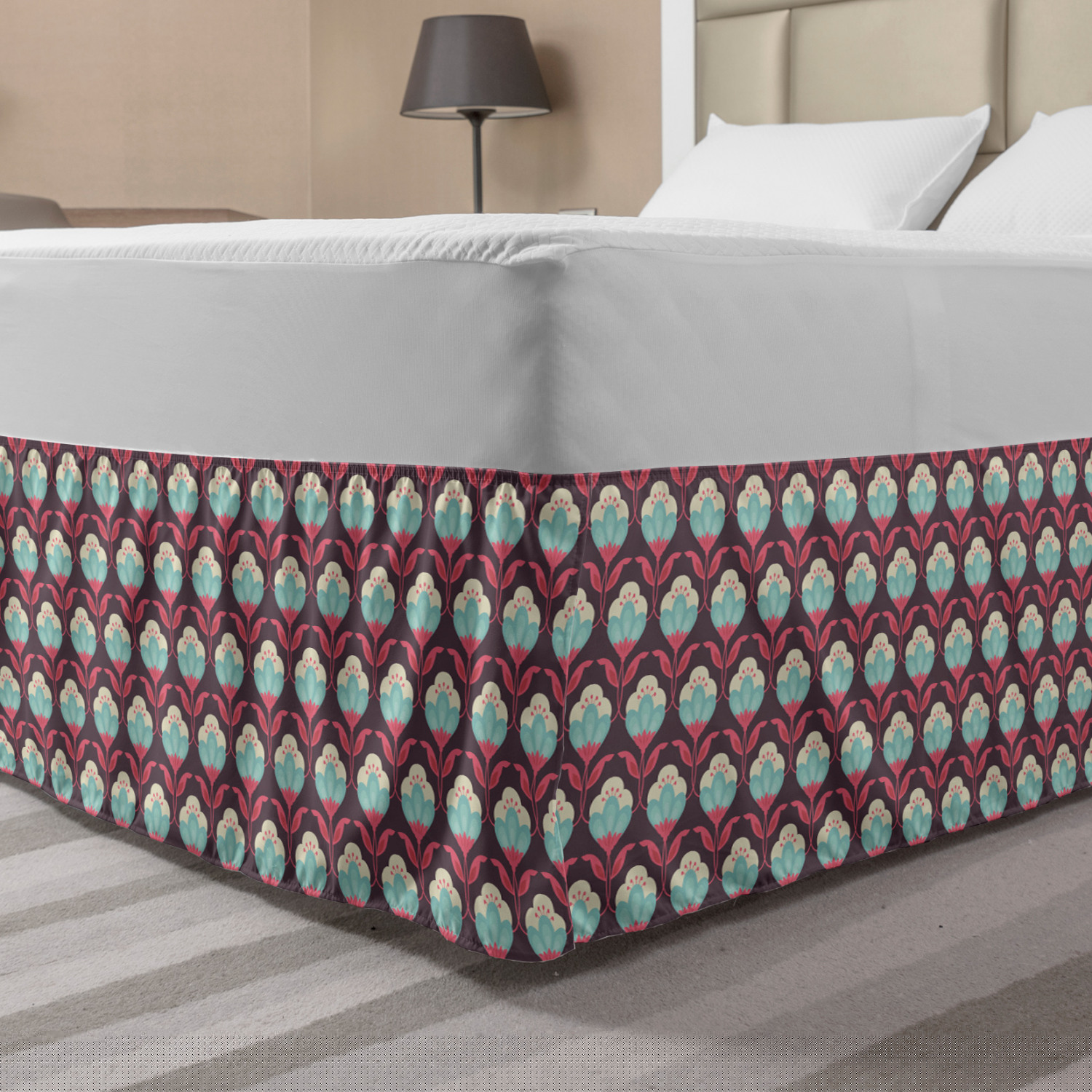 Vintage Bed Skirt, Composition of Nostalgic Floral Romance of Symmetric Flower Motif, Elastic Bedskirt Dust Ruffle Wrap Around for Bedding Decor, 4 Sizes, Eggplant Pale Blue and Coral, by Ambesonne