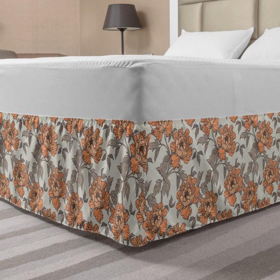 Vintage Bed Skirt, Floral Nostalgia with Peony Flowers, Elastic Bedskirt Dust Ruffle Wrap Around for Bedding Decor, 4 Sizes, Dark Peach Grey Yellow, by Ambesonne