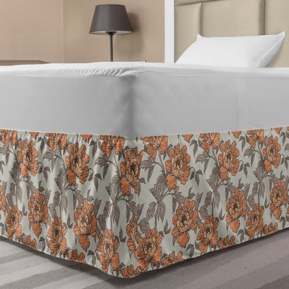 Vintage Bed Skirt, Floral Nostalgia with Peony Flowers, Elastic Bedskirt Dust Ruffle Wrap Around for Bedding Decor, 4 Sizes, Dark Peach Grey Yellow, by Ambesonne
