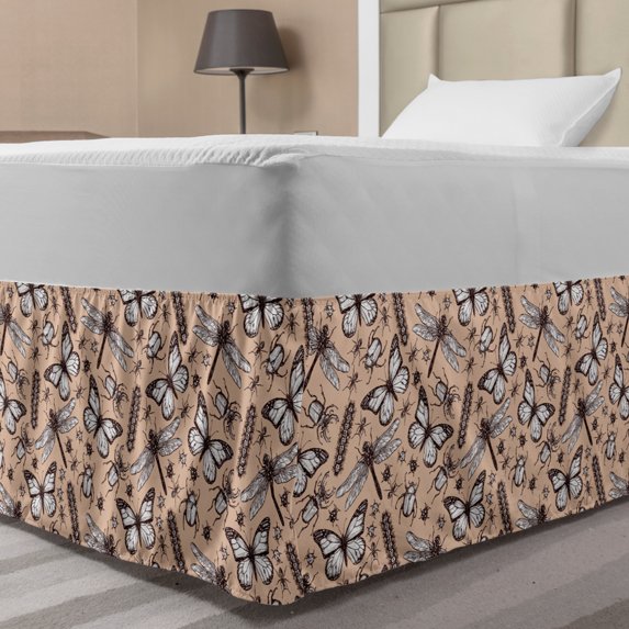 Vintage Bed Skirt, Hand-Drawn Sketch of Different Insects Butterfly Caterpillars, Elastic Bedskirt Dust Ruffle Wrap Around for Bedding Decor, 4 Sizes, Pale Peach Seal Brown, by Ambesonne