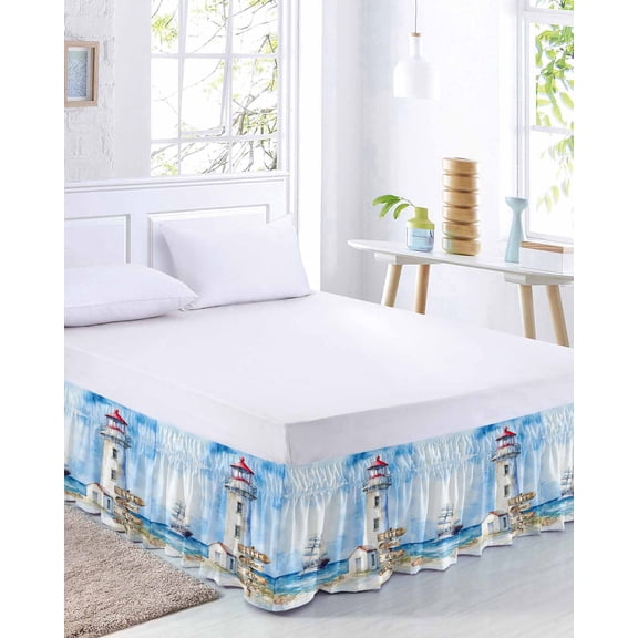 Vintage Bed Skirt King Size 16 Inch Drop, Ocean Lighthouse Nautical Sailboat Starfish Adjustable Elastic Dust Ruffles Bedskirt for King Bed Wrap Around Pleated Mattress Frame Cover