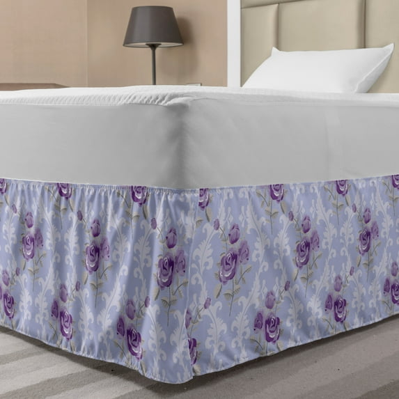 Vintage Bed Skirt, Old Fashioned Pattern with Antique Wavy Lines and Posies of Roses, Elastic Bedskirt Dust Ruffle Wrap Around for Bedding Decor, 4 Sizes, Pale Blue Lavender, by Ambesonne