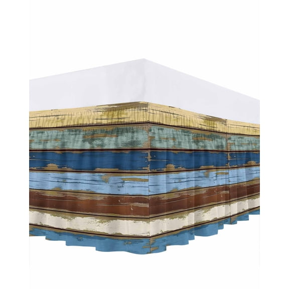 Vintage Bed Skirt Queen Size 16" Drop Farmhouse Blue Brown Wood Grain Country Style Ruffled Wrap Around Bed Skirts Adjustable Elastic Bedskirt Dust Ruffle for Queen Size Bed