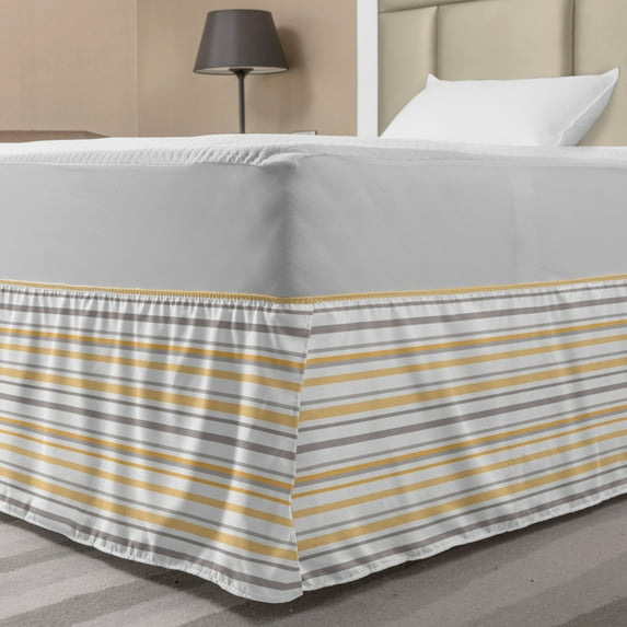 Vintage Bed Skirt, Thin and Thick Lines in Shabby Colors Simplistic Geometric Pattern, Elastic Bedskirt Dust Ruffle Wrap Around for Bedding Decor, 4 Sizes, Orange White Cadet Blue, by Ambesonne