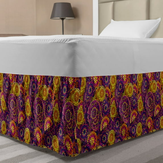 Vintage Bed Skirt, Traditional Paisley Motifs Pattern Oriental Design Flower Ornaments Curvy Antique, Elastic Bedskirt Dust Ruffle Wrap Around for Bedding Decor, 4 Sizes, Multicolor, by Ambesonne