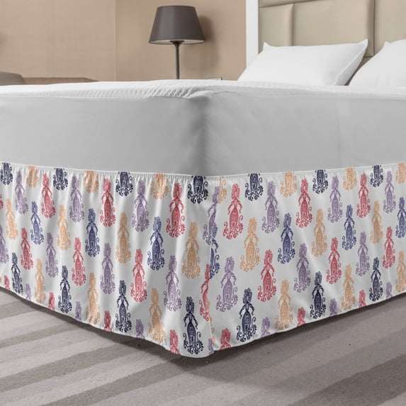 Vintage Bed Skirt, Woman Shaped Floral Swirling Victorian in Various Colors Repetition Print, Elastic Bedskirt Dust Ruffle Wrap Around for Bedding Decor, 4 Sizes, Multicolor, by Ambesonne