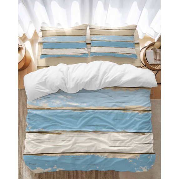 Vintage Bedding Duvet Cover Set Queen Size 4 Pieces Farmhouse Blue Beige Wood Grain Country Style Bedding Set with Zipper Closure, 1 Comforter Cover 90x92 Inches 1 Flat Sheet & 2 Pillow Cases