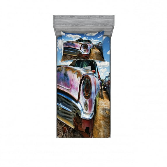 Vintage Bedding Set with Sheet & Covers, Abandoned Vintage Cars Rusting in a Ghost Town Cloudy Sky Digital Image, Printed Bedroom Decor 2 Shams, 4 Sizes, Pale Coffee and Blue, by Ambesonne