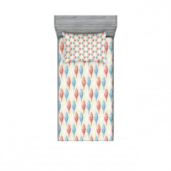Vintage Bedding Set with Sheet & Covers, Dessert Theme Delicious Creamy Sugary Treats Illustration of Ice Cream, Printed Bedroom Decor 2 Shams, 4 Sizes, Eggshell Red and Blue, by Ambesonne