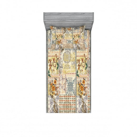 Vintage Bedding Set with Sheet & Covers, Ethnic Pastel Colored Pattern with Florish Details, Printed Bedroom Decor 2 Shams, 4 Sizes, Ivory and Multicolor, by Ambesonne