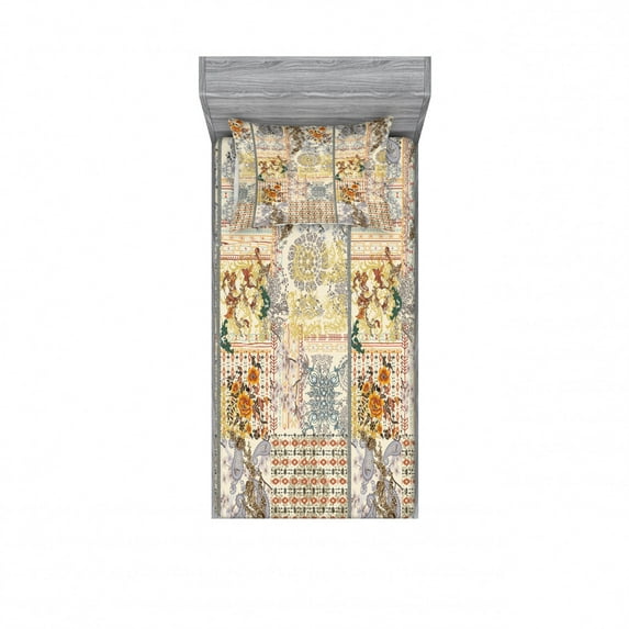 Vintage Bedding Set with Sheet & Covers, Ethnic Pastel Colored Pattern with Florish Details, Printed Bedroom Decor 2 Shams, 4 Sizes, Ivory and Multicolor, by Ambesonne