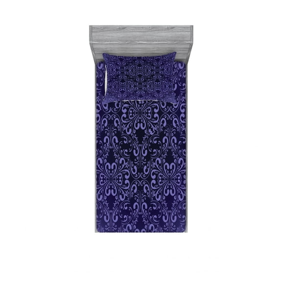 Vintage Bedding Set with Sheet & Covers, Floral Timeless Renaissance Themed Romantic and Royal Victorian Pattern, Printed Bedroom Decor 2 Shams, 4 Sizes, Lavender Dark Purple, by Ambesonne