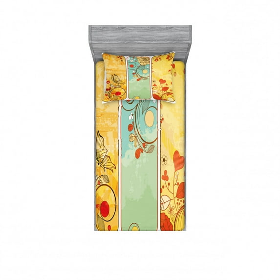 Vintage Bedding Set with Sheet & Covers, Frames with Floral Details Butterfly and Heart Shapes Leaf Retro Romantic Artwork, Printed Bedroom Decor 2 Shams, 4 Sizes, Multicolor, by Ambesonne