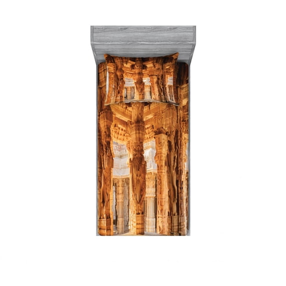 Vintage Bedding Set with Sheet & Covers, Historical Columns Architecture Ruins Famous Monument Culture Picture Print, Printed Bedroom Decor 2 Shams, 4 Sizes, Sand Brown, by Ambesonne