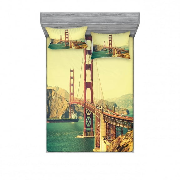 Vintage Bedding Set with Sheet & Covers, Old Film Featured Golden Gate Bridge Suspension Urban Path Construction Scenery, Printed Bedroom Decor 2 Shams, 4 Sizes, Blue Brown, by Ambesonne