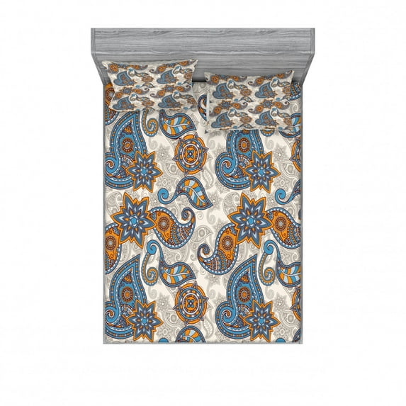 Vintage Bedding Set with Sheet & Covers, Paisley Design with Floral Detail Abstract Backdrop, Printed Bedroom Decor 2 Shams, 4 Sizes, Violet Blue Marigold, by Ambesonne