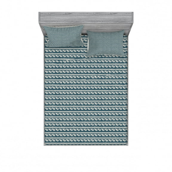 Vintage Bedding Set with Sheet & Covers, Retro Seashell Shape with Zigzag and Dots Stripes Weathered Geometry Design, Printed Bedroom Decor 2 Shams, 4 Sizes, Dark Teal Eggshell, by Ambesonne